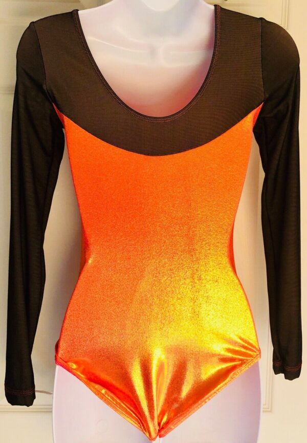 GK Elite ORANGE FOIL BLACK MESH LgS Gymnastic Dance Leotard AS - Image 3