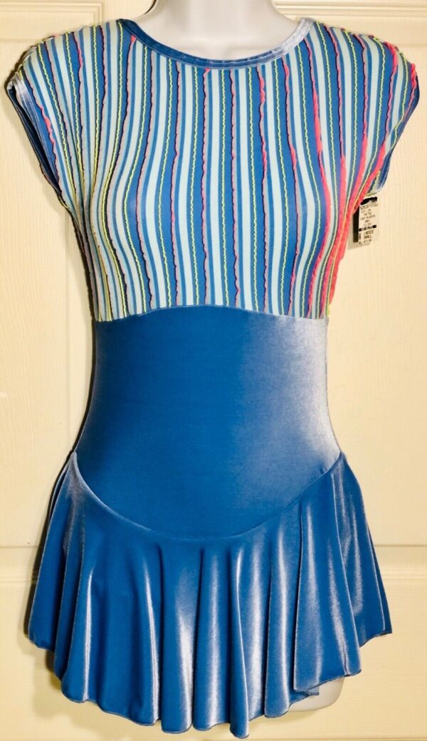 GK FIGURE SKATE DRESS ADULT SMALL CAP SLV STRIPE COTTON BLUE VELVET KEYHOLE AS