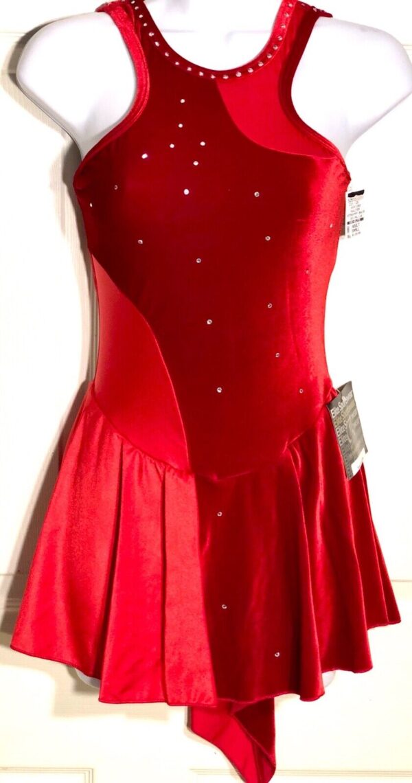 GK FIGURE SKATE DRESS ADULT SMALL RED HALTER VELVET NYLON/SPANDEX HALTER JA AS