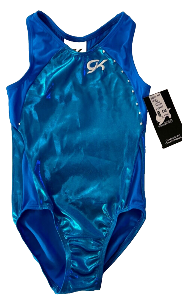 GK TURQUOISE FOIL TECHMESH CHILD MEDIUM WHITE PEARLS GYMNAST RACERBACK LEOTARD M - Image 9