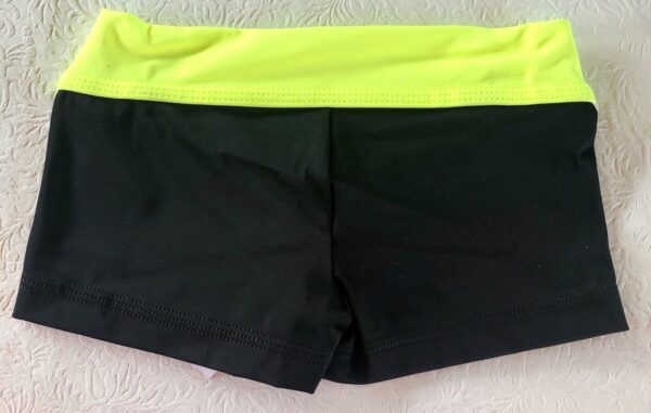 GK CHILD MEDIUM BLACK NYLON/SPANDEX YELLOW WAISTBAND GYMNASTS WORKOUT SHORTS CM - Image 2