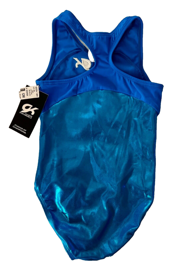 GK TURQUOISE FOIL TECHMESH CHILD MEDIUM WHITE PEARLS GYMNAST RACERBACK LEOTARD M - Image 10