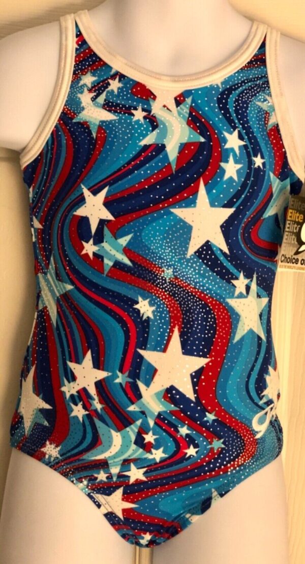 GK PATRIOTIC CHILD X-SMALL FOILED MEGASTAR PRINT GYMNASTICS DANCE LEOTARD Sz CXS