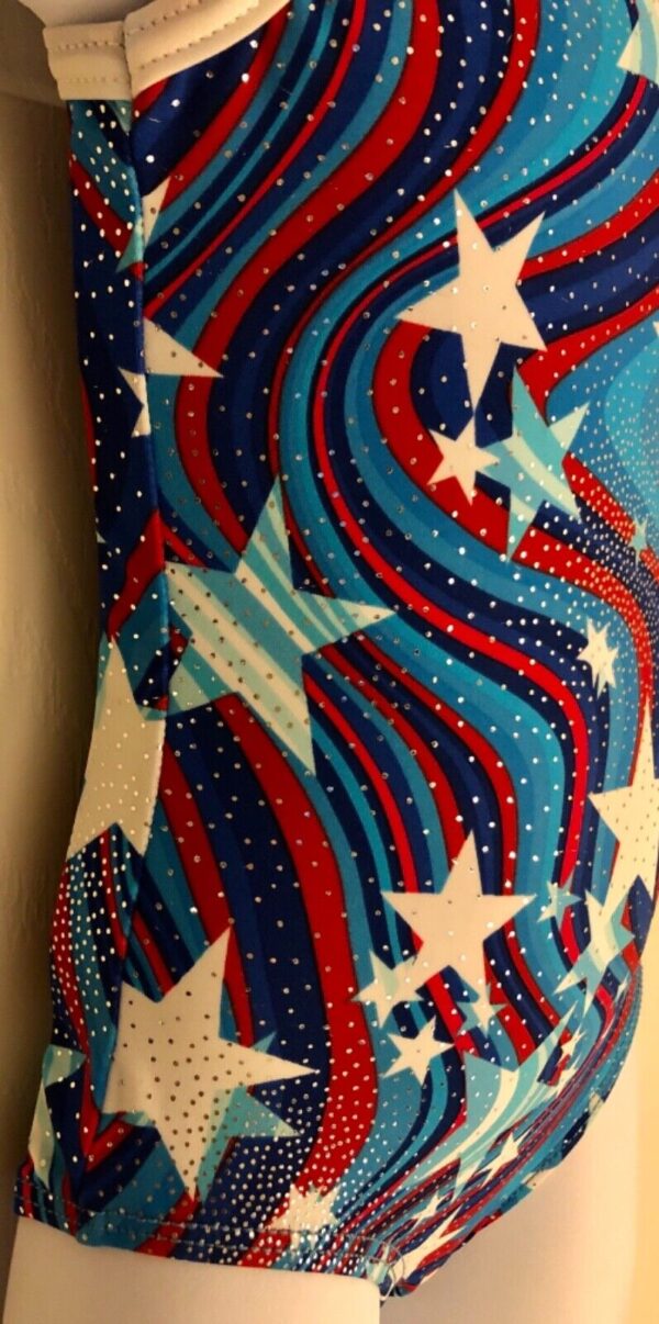 GK PATRIOTIC CHILD X-SMALL FOILED MEGASTAR PRINT GYMNASTICS DANCE LEOTARD Sz CXS - Image 3