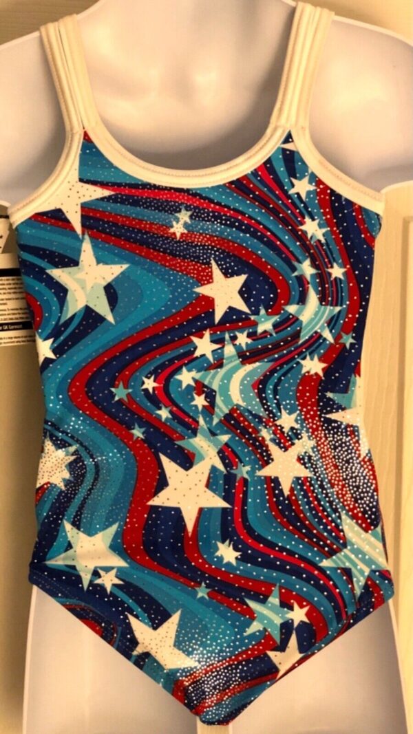 GK PATRIOTIC CHILD X-SMALL FOILED MEGASTAR PRINT GYMNASTICS DANCE LEOTARD Sz CXS - Image 5