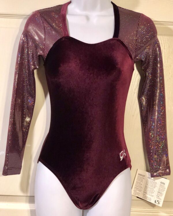 NWT ORIG $49.95 GK ELITE LgS Merlot Foil Velvet Gymnastic Dance Leotard LadiesXS