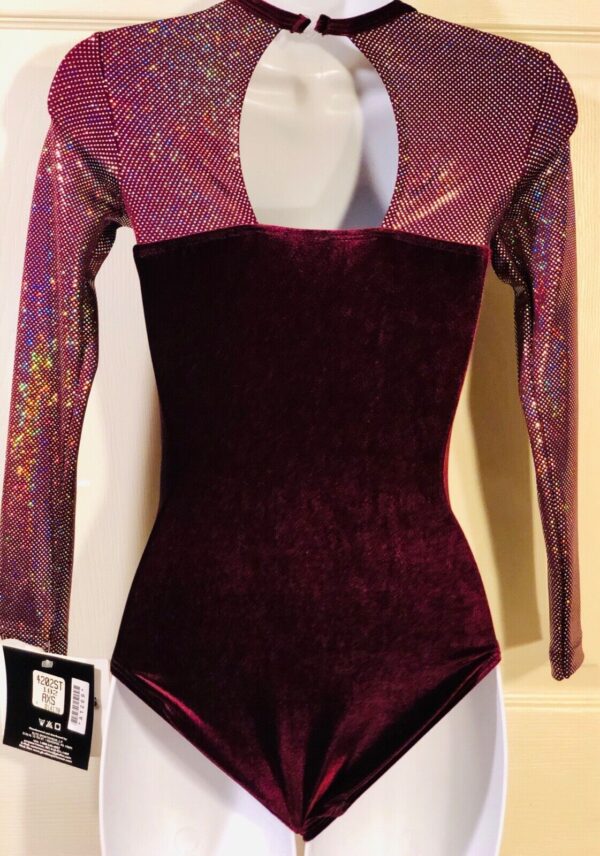 NWT ORIG $49.95 GK ELITE LgS Merlot Foil Velvet Gymnastic Dance Leotard LadiesXS - Image 2