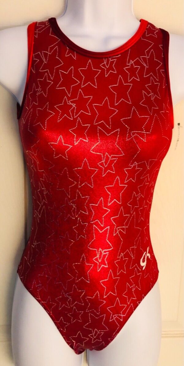 GK RED STAR FOIL PRINT ADULT X-SMALL VELVET GYMNASTIC DANCE TANK LEOTARD Sz AXS