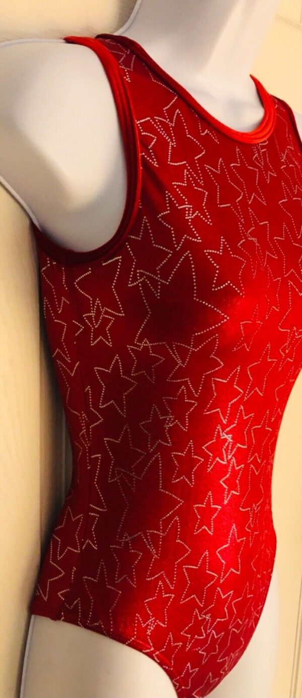 GK RED STAR FOIL PRINT ADULT X-SMALL VELVET GYMNASTIC DANCE TANK LEOTARD Sz AXS - Image 3