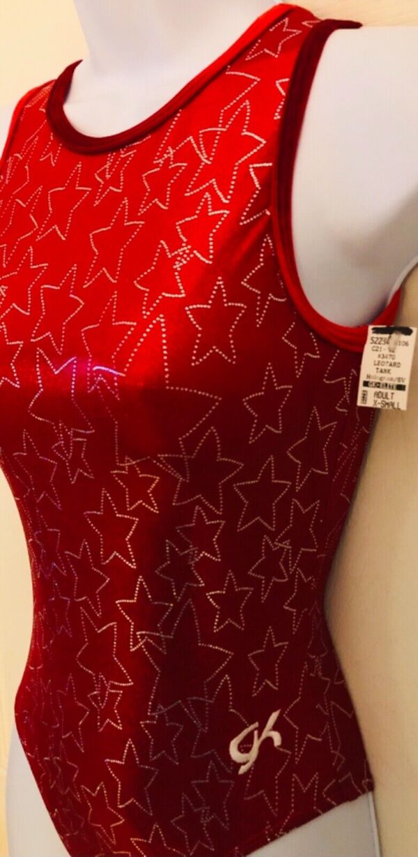 GK RED STAR FOIL PRINT ADULT X-SMALL VELVET GYMNASTIC DANCE TANK LEOTARD Sz AXS - Image 4