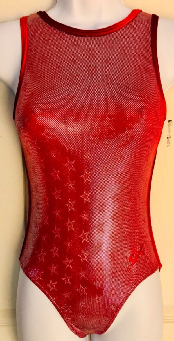 GK RED STAR FOIL PRINT ADULT X-SMALL VELVET GYMNASTIC DANCE TANK LEOTARD Sz AXS