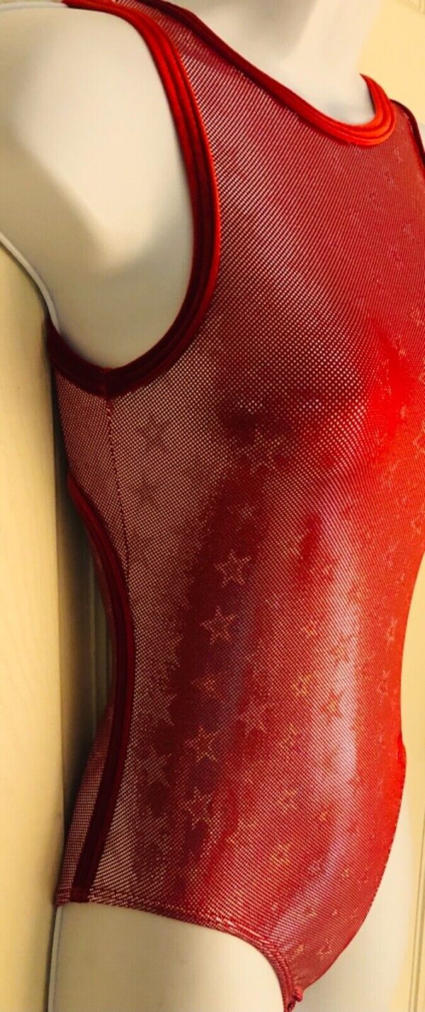 GK RED STAR FOIL PRINT ADULT X-SMALL VELVET GYMNASTIC DANCE TANK LEOTARD Sz AXS - Image 2