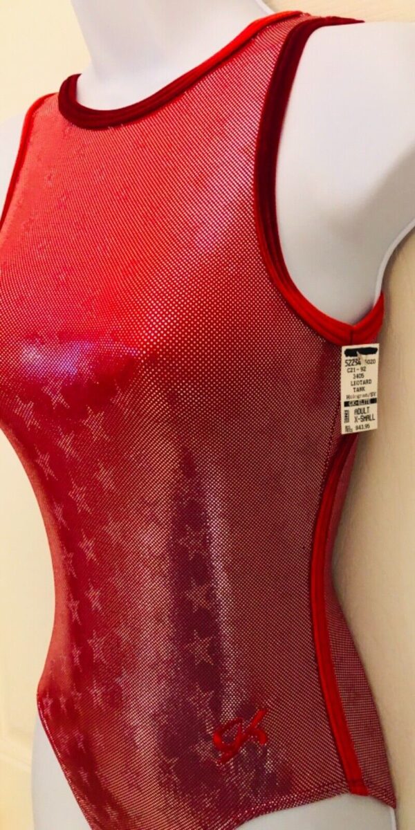 GK RED STAR FOIL PRINT ADULT X-SMALL VELVET GYMNASTIC DANCE TANK LEOTARD Sz AXS - Image 3