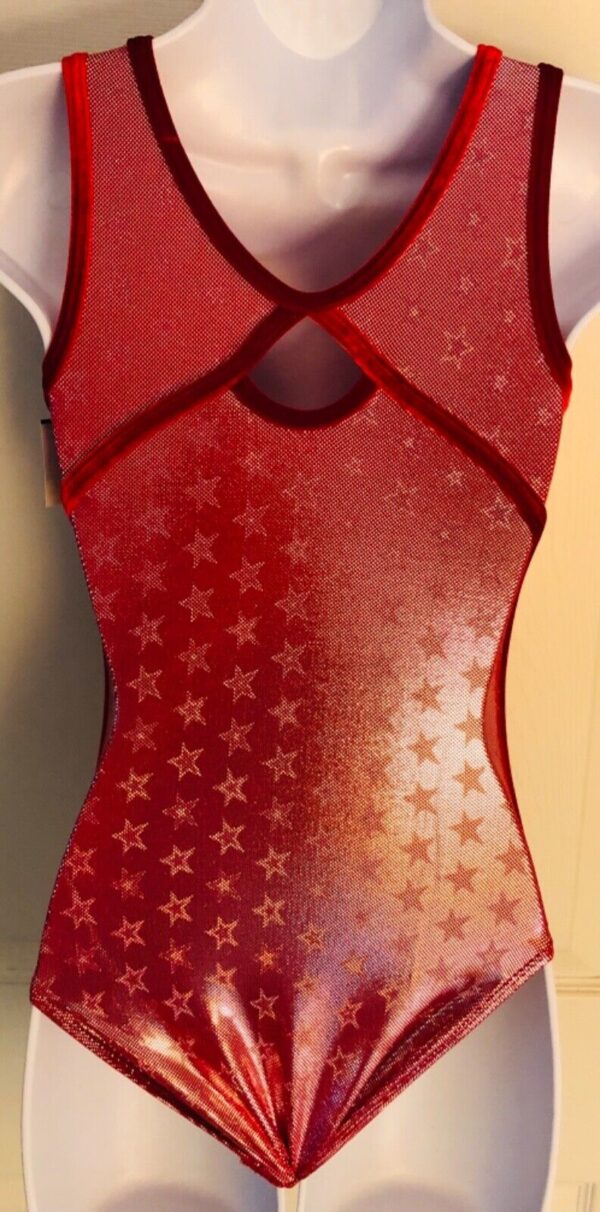 GK RED STAR FOIL PRINT ADULT X-SMALL VELVET GYMNASTIC DANCE TANK LEOTARD Sz AXS - Image 6