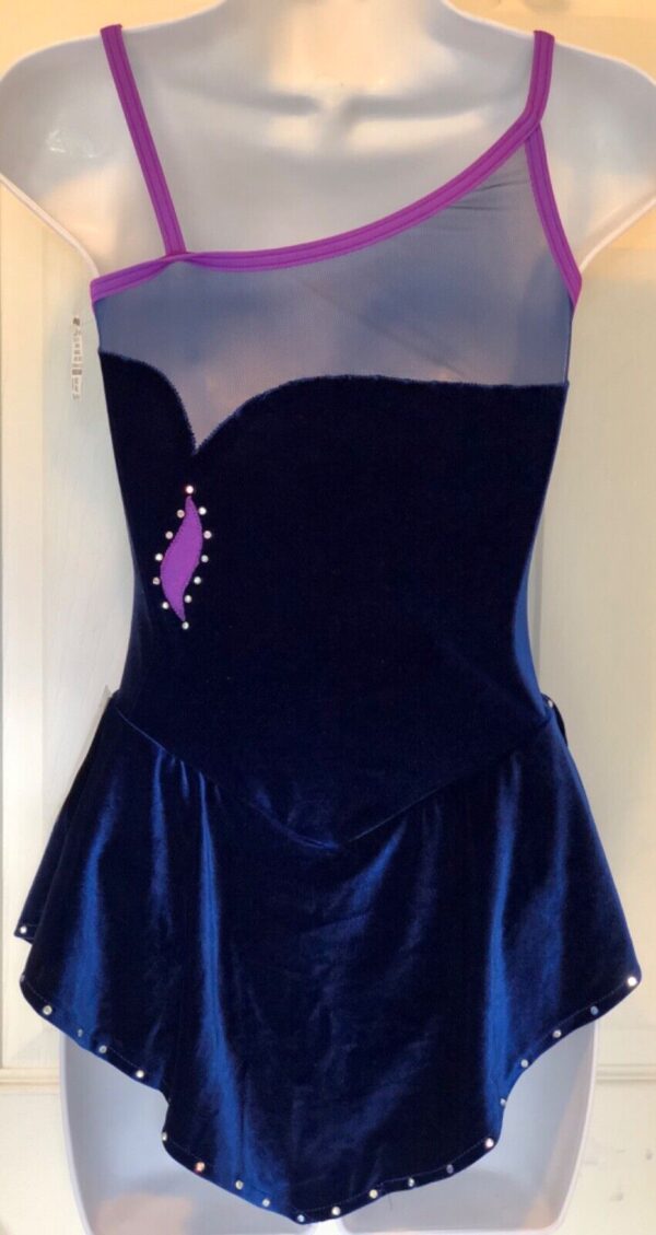 GK FIGURE SKATE SAPPHIRE VELVET ADULT SMALL ASYM MESH IRID JA CAMI DRESS AS NWT! - Image 3