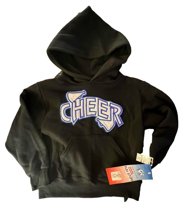 GK "CHEER" GIRLS SMALL BLACK SWEATSHIRT HOODIE BLUE SILVER METALLIC LOGO SZ S