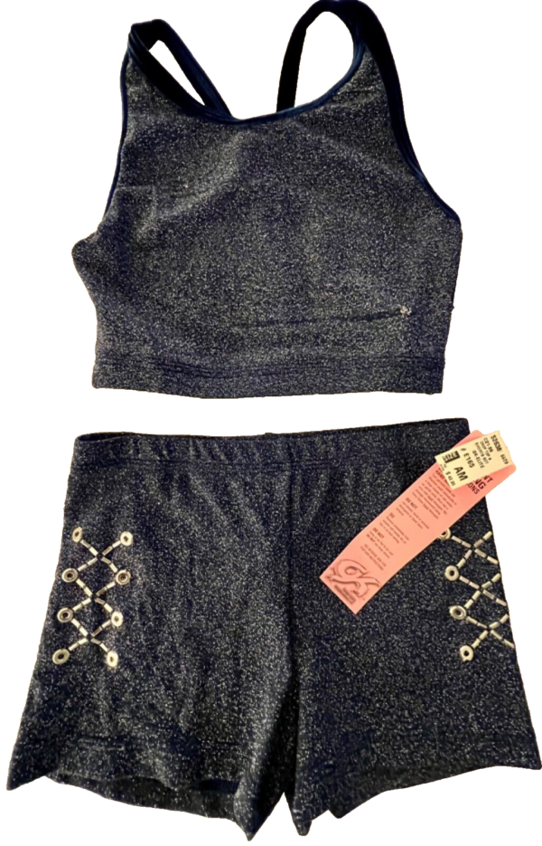 GK 2PC NAVY SPARKLE LADIES SMALL CROP TOP & SHORTS SET VELVET TRIM DANCE CHEER S - Image 10