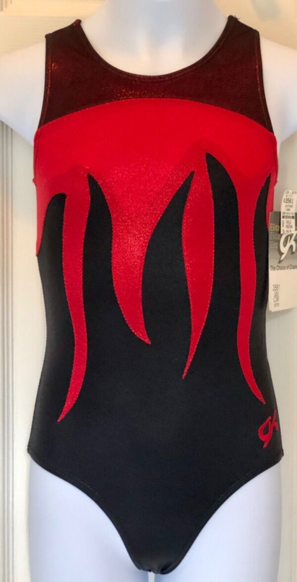 GK BLACK MYSTIQUE CHILD MEDIUM RED FOIL MESH GYMNASTICS DANCE TANK LEOTARD CM