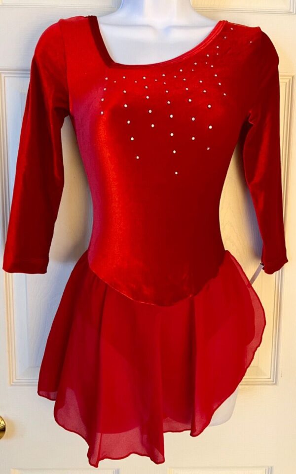 GK ICE FIGURE SKATE ADULT SMALL RED VELVET 3/4 SLV ASYMMETRIC NECK JA DRESS AS