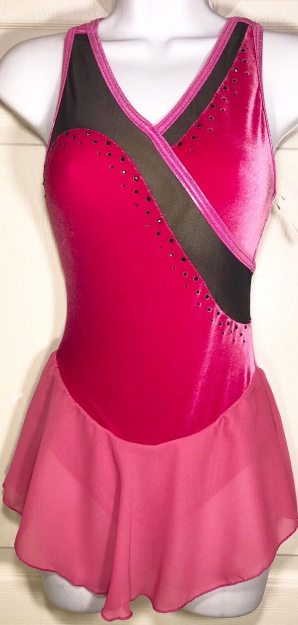 GK ELITE SLVLS PINK VELVET ICE FIGURE SKATE DRESS BLACK MESH JA AXS