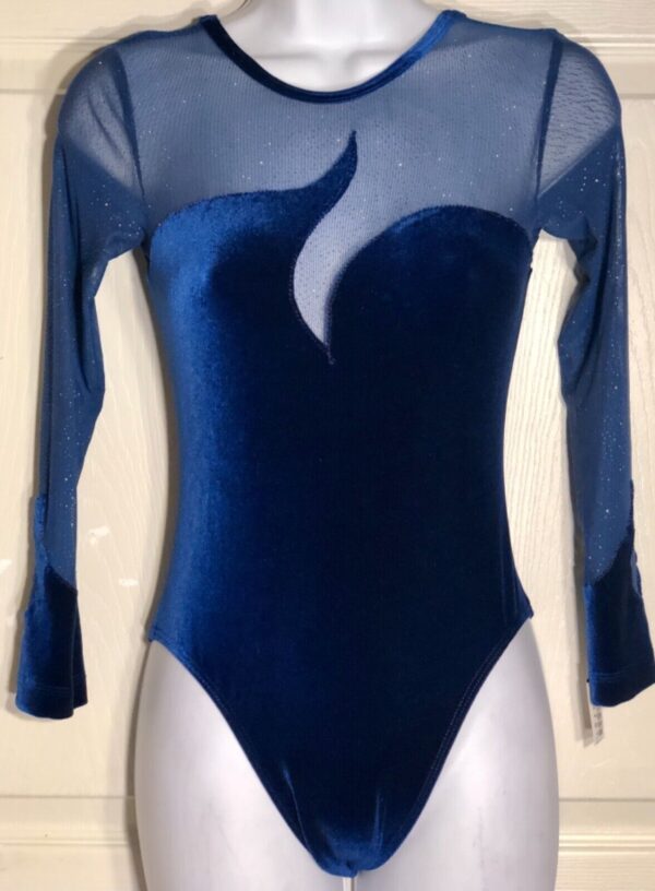 GK LONG SLEEVE LADIES SMALL SAPPHIRE VELVET GLITTER MESH DANCE LEOTARD AS