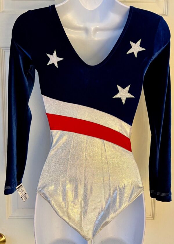 GK LgSLV LADIES SMALL ROYAL VELVET WHITE SPARKLE STARS GYMNASTS DANCE LEOTARD AS - Image 6