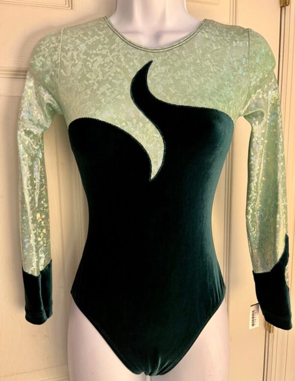 GK LgS LIME FOIL EVERGREEN VELVET ADULT SMALL GYMNAST DANCE CHEER LEOTARD Sz AS