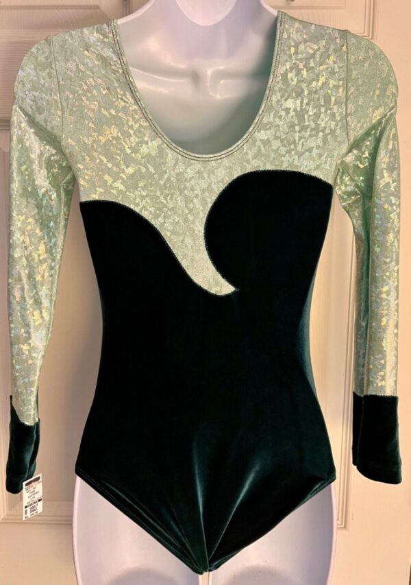 GK LgS LIME FOIL EVERGREEN VELVET ADULT SMALL GYMNAST DANCE CHEER LEOTARD Sz AS - Image 5