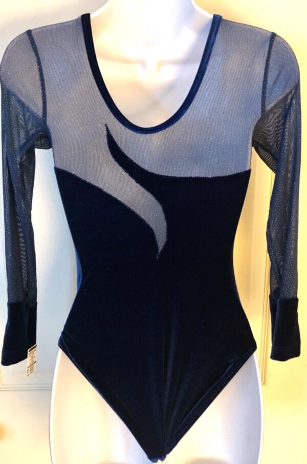 GK LONG SLEEVE LADIES SMALL SAPPHIRE VELVET GLITTER MESH DANCE LEOTARD AS - Image 5