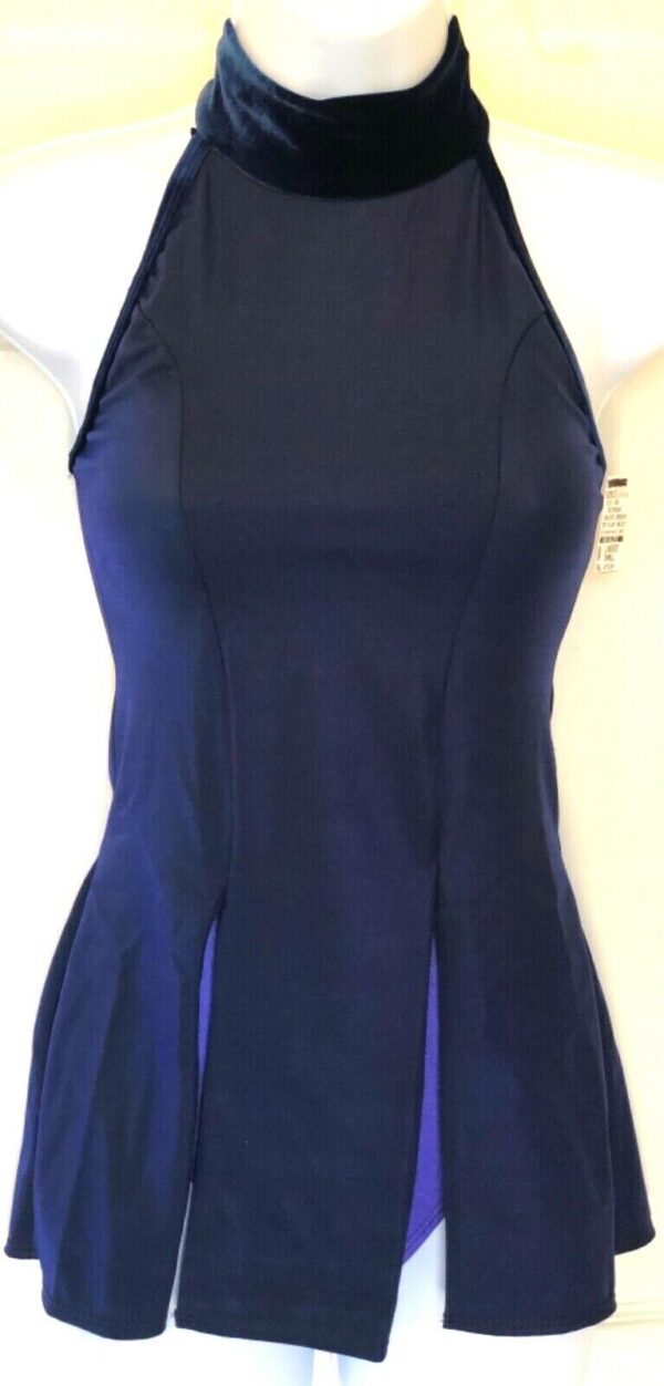 GK ICE FIGURE ADULT SMALL NAVY IRIDESCENT TN VELVET HALTER SKATE DRESS Sz AS NWT