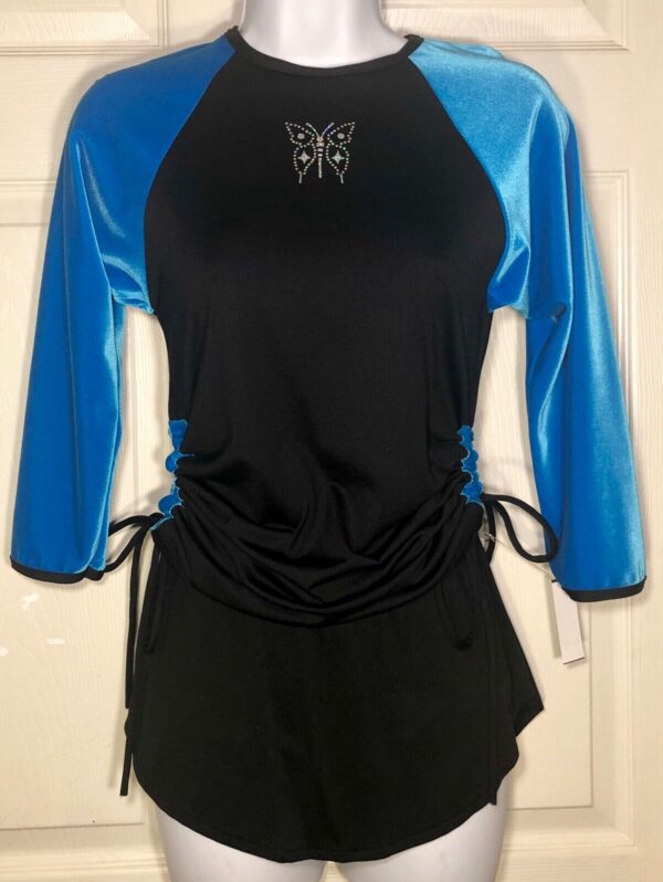 GK ELITE LADIES 2PC ICE FIGURE SKATING OUTFIT BLUE BLACK VELVT S