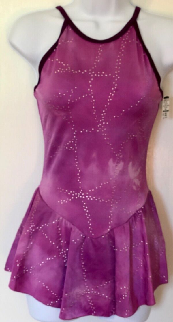 GK ICE FIGURE SKATE HALTER DRESS ADULT SMALL BEAD PRINT LAVENDER TIE-DYEAS NWT!