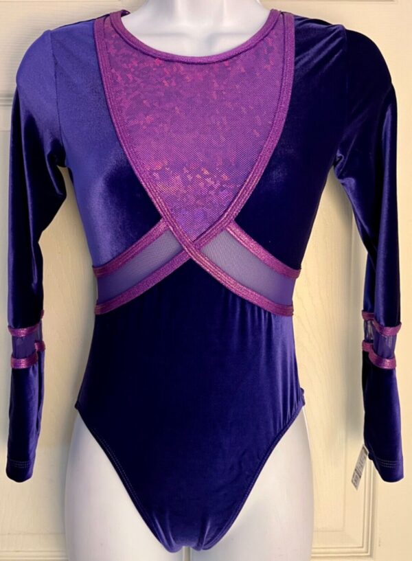 GK LgS PURPLE VELVET ADULT SMALL VIOLET FOIL MESH GYMNASTICS DANCE LEOTARD Sz AS