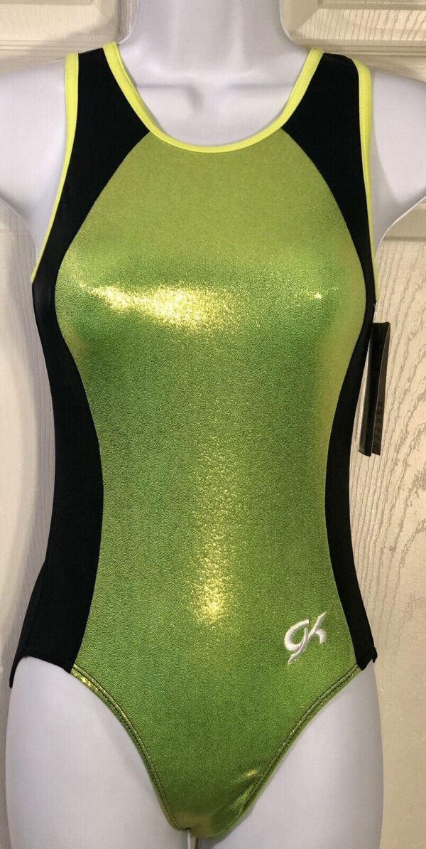 NWT GK ELITE LIME MYSTIQUE BLACK NYLON GYMNASTIC/DANCE LEO SQUARE BACK STRAP AS