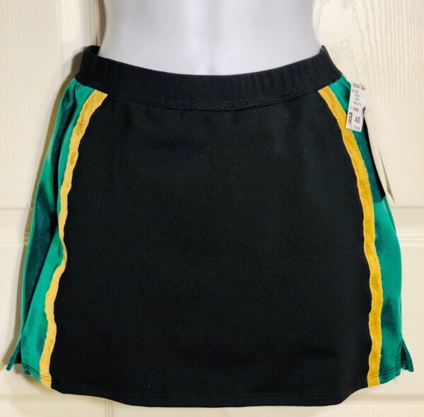 GK Elite CHEER SKIRT LADIES SMALL SCHOOL FIT BLACK DRYTECH GREEN GOLD TRIPLE STR