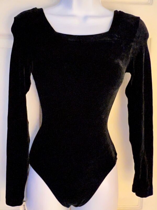 GK BLACK VELVET ADULT SMALL LgSLV SQUARE NECK GYMNASTICS DANCE LEOTARD Sz AS