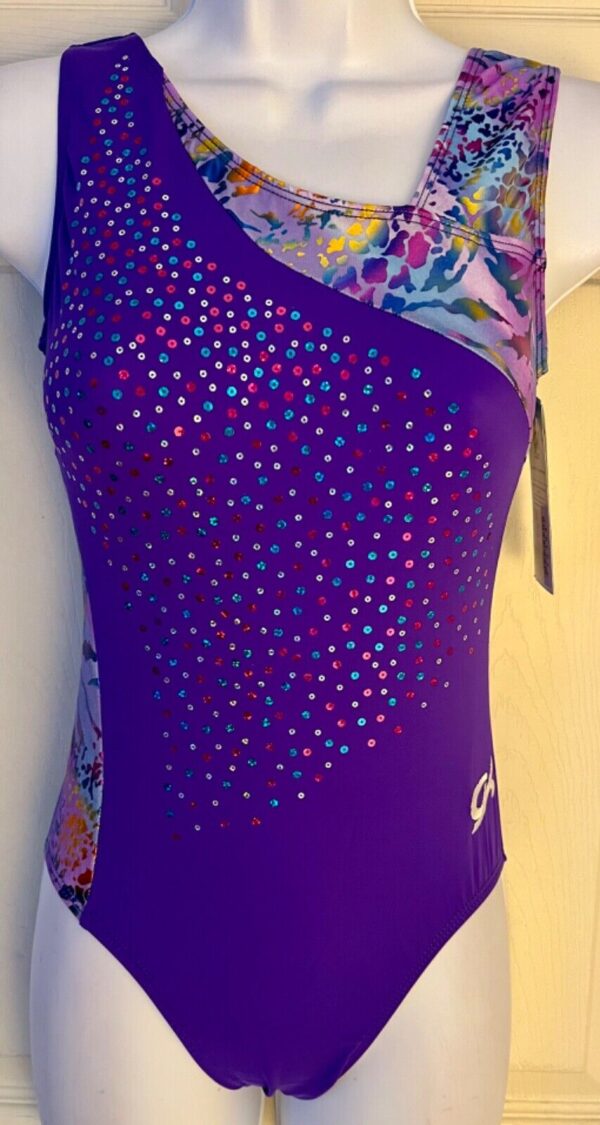 GK PURPLE N/S ADULT SMALL ASYM ZOO FOIL SEQUINS TANK GYMNASTS DANCE LEOTARD AS