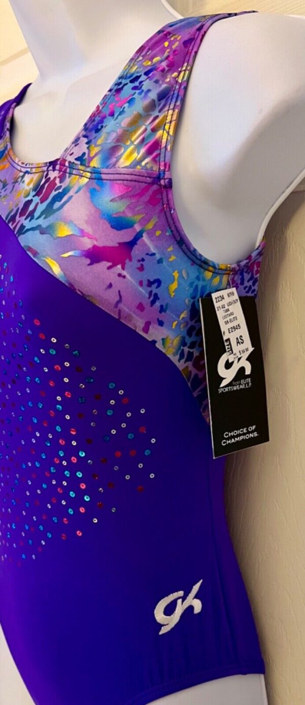 GK PURPLE N/S ADULT SMALL ASYM ZOO FOIL SEQUINS TANK GYMNASTS DANCE LEOTARD AS - Image 5