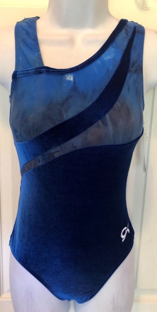 GK ROYAL VELVET LADIES SMALL ASYM NAVY TIE-DYE GYMNASTS DANCE LEOTARD Sz AS NWT!