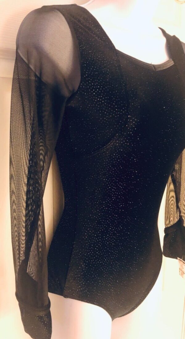 GK LADIES SMALL BLACK GLITTER VELVET MESH LgSLV GYMNASTICS DANCE LEOTARD Sz AS - Image 3