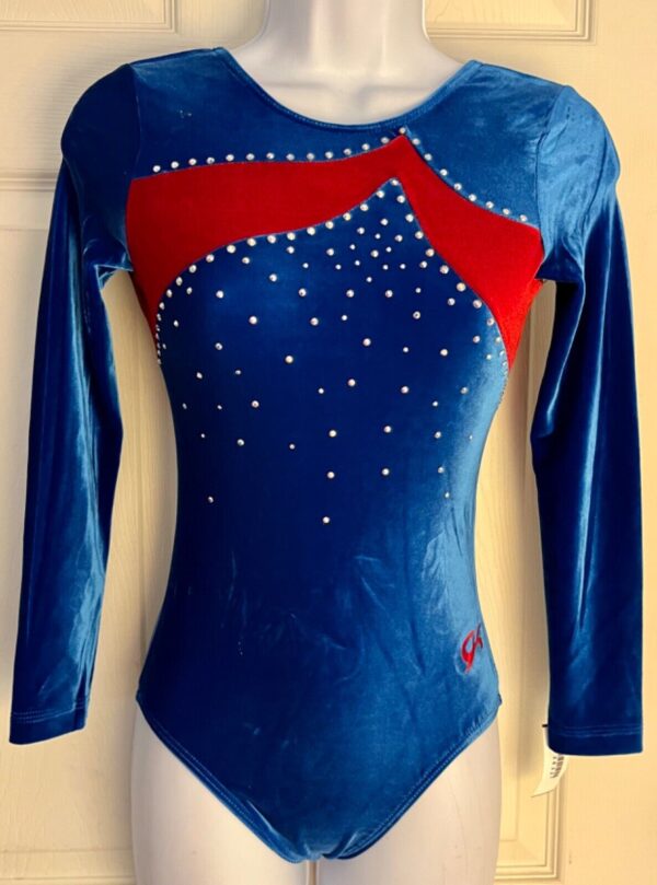 GK LgSLV ADULT SMALL ROYAL RED VELVET CRYSTALS GYMNASTICS DANCE LEOTARD SZ S