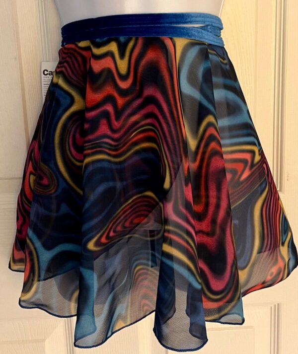 GK DANCE WRAP SKIRT ADULT LARGE ABSTRACT WAVE PATTERN BLUE VELVET TIE Sz AL NWT!