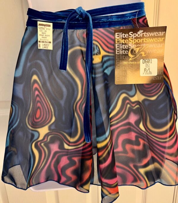 GK DANCE WRAP SKIRT ADULT LARGE ABSTRACT WAVE PATTERN BLUE VELVET TIE Sz AL NWT! - Image 4