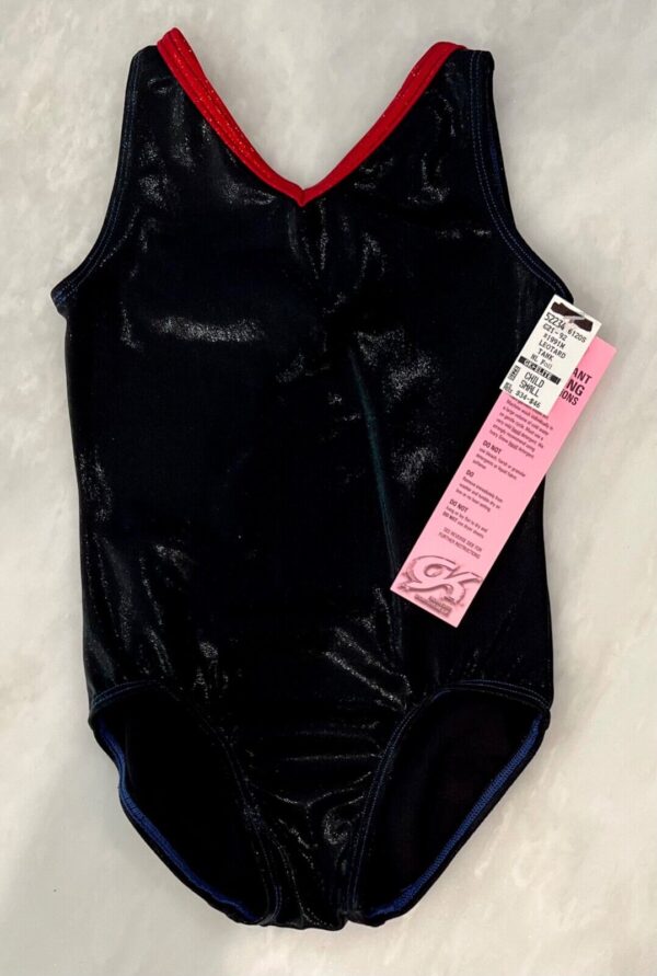 GK CHILD SMALL BLACK MYSTIQUE RED TRIM GYMNASTICS DANCE TANK LEOTARD Sz CS NWT!