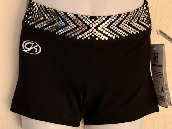 CHEER GK CHILD SMALL 2-TONE SILVER SPANGLEZ WAISTBAND BLACK DRYTECH SHORTS Sz CS