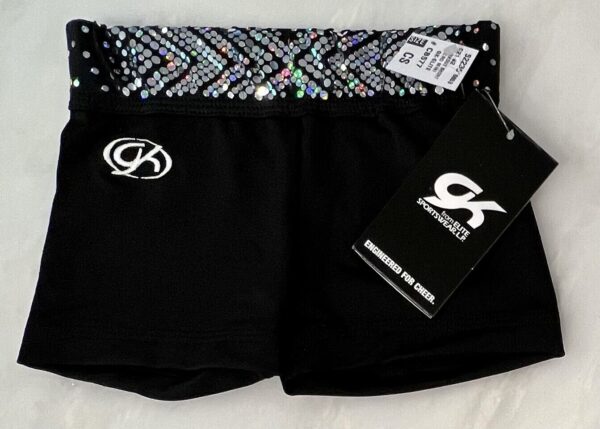 CHEER GK CHILD SMALL 2-TONE SILVER SPANGLEZ WAISTBAND BLACK DRYTECH SHORTS Sz CS - Image 4