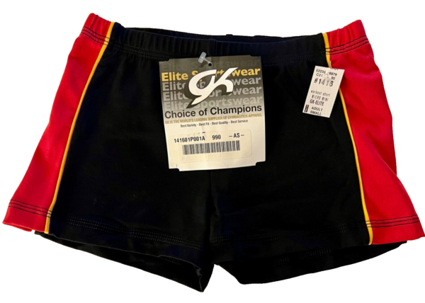 GK CHEER ADULT SMALL MICRO MINI ATHLETIC WORKOUT SHORTS BLACK RED GOLD SZ S