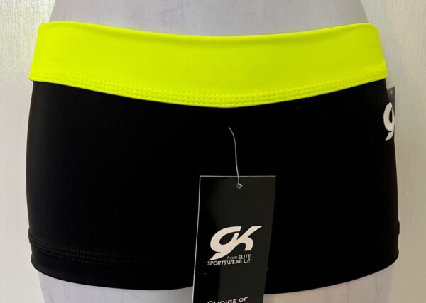 GK MICRO MINI ADULT X-SMAL BLACK NEON YELLOW GYMNAST CHEER WORKOUT SHORTS AXS