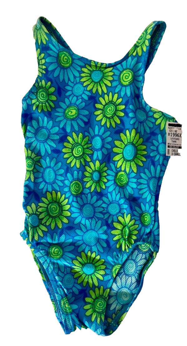 GK DAISY PRINT CHILD X-SMALL BLUE GREEN COTTON/SPANDEX GYMNASTIC TANK LEOTARD XS - Image 6