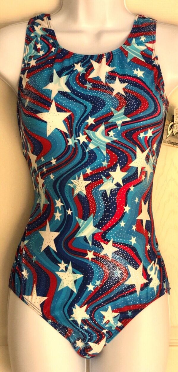 GK LEOTARD ADULT LARGE PATRIOTIC FOIL STAR PRINT RACERBACK GYMNASTICS DANCE AL u